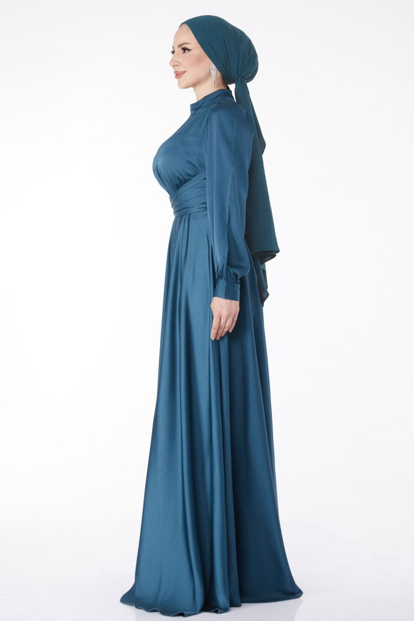 Çapraz Kuşaklı Abiye Elbise Yeşil - 24886 YEŞİL