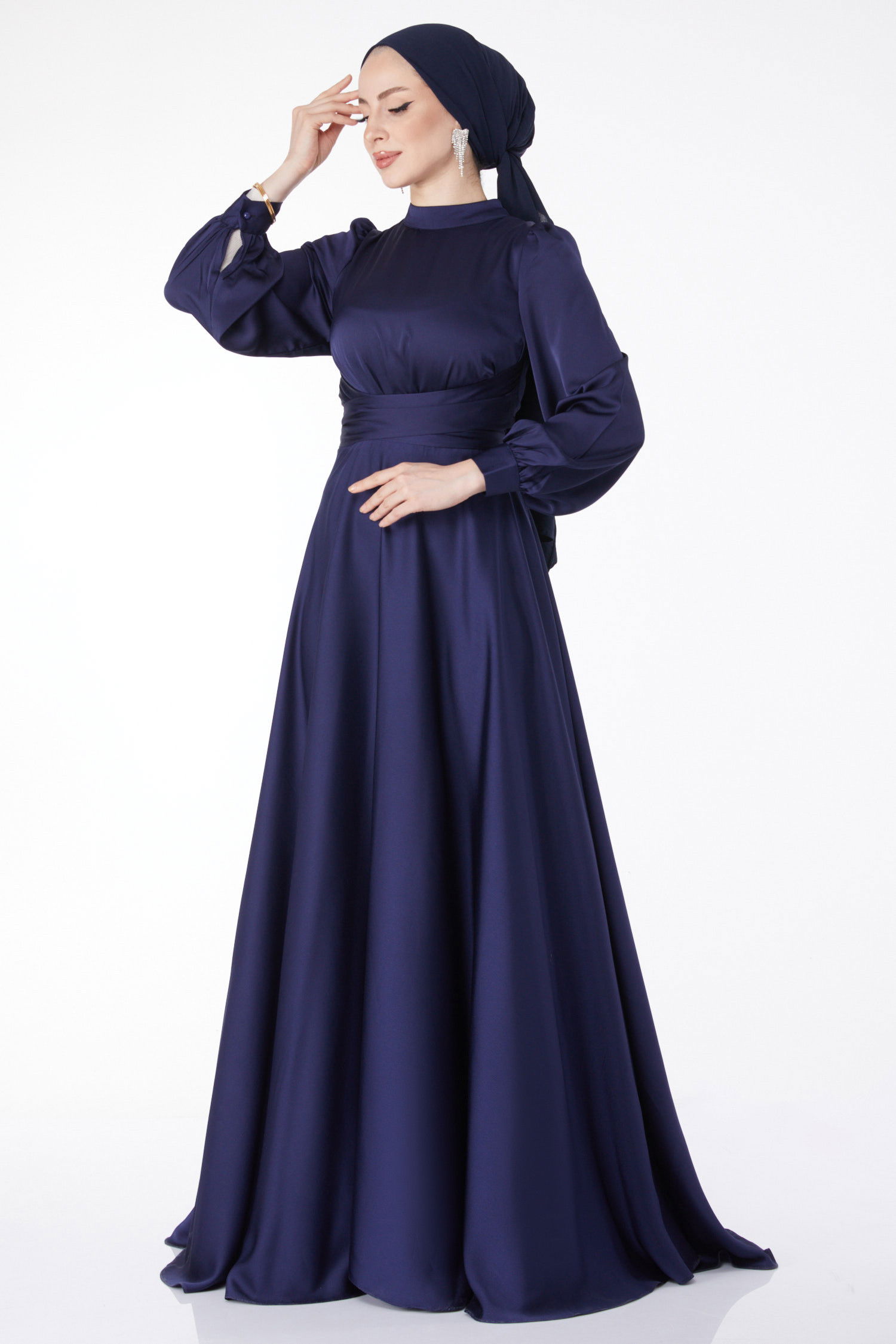 Çapraz Kuşaklı Abiye Elbise Lacivert - 24886 LACİVERT