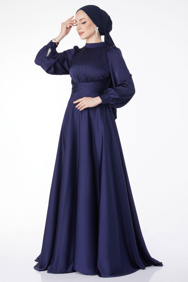 Çapraz Kuşaklı Abiye Elbise Lacivert - 24886 LACİVERT