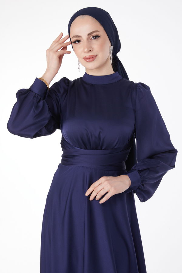 Çapraz Kuşaklı Abiye Elbise Lacivert - 24886 LACİVERT