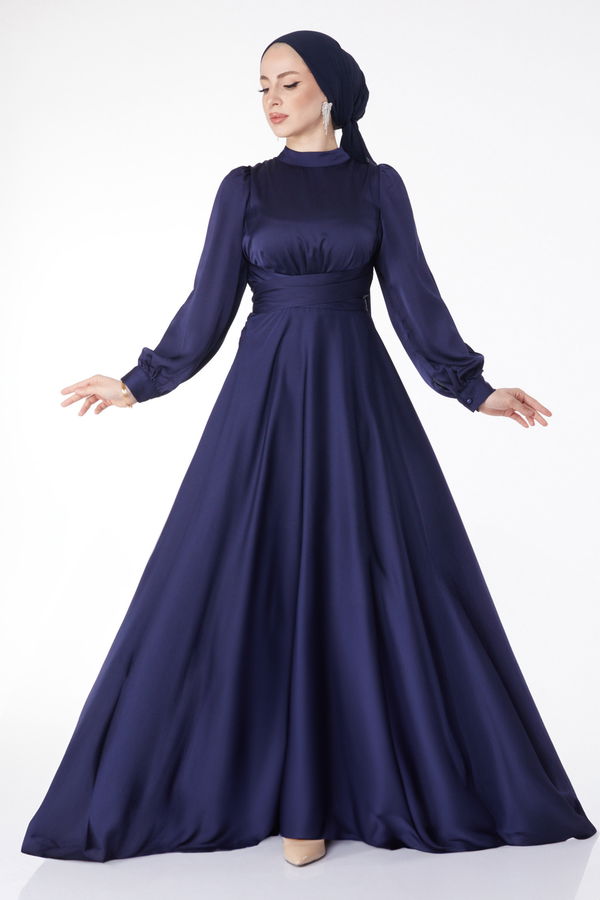 Çapraz Kuşaklı Abiye Elbise Lacivert - 24886 LACİVERT