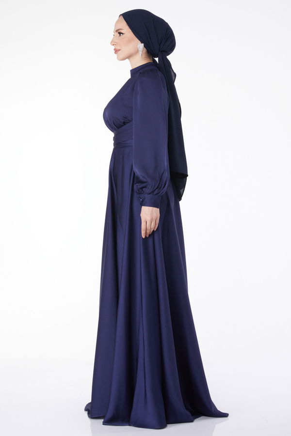 Çapraz Kuşaklı Abiye Elbise Lacivert - 24886 LACİVERT