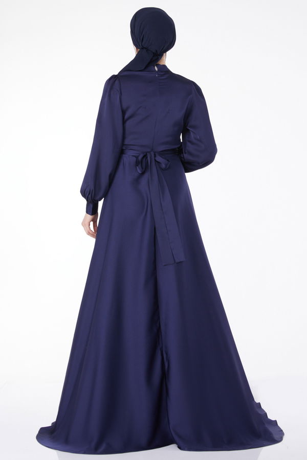 Çapraz Kuşaklı Abiye Elbise Lacivert - 24886 LACİVERT