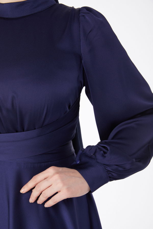Çapraz Kuşaklı Abiye Elbise Lacivert - 24886 LACİVERT