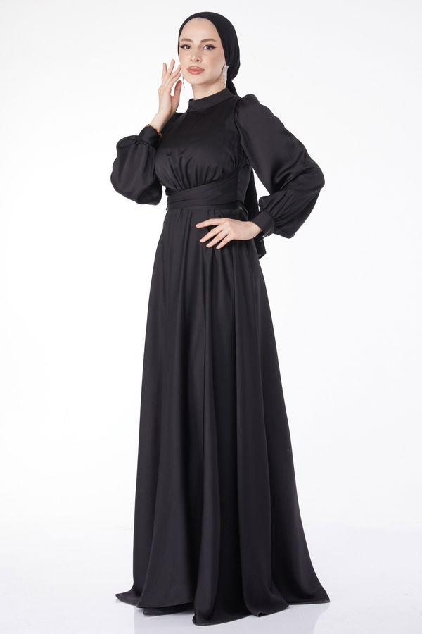 Çapraz Kuşaklı Abiye Elbise Siyah - 24886 SİYAH