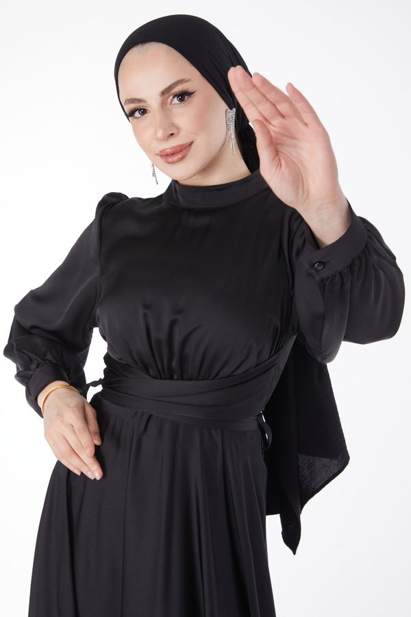Çapraz Kuşaklı Abiye Elbise Siyah - 24886 SİYAH