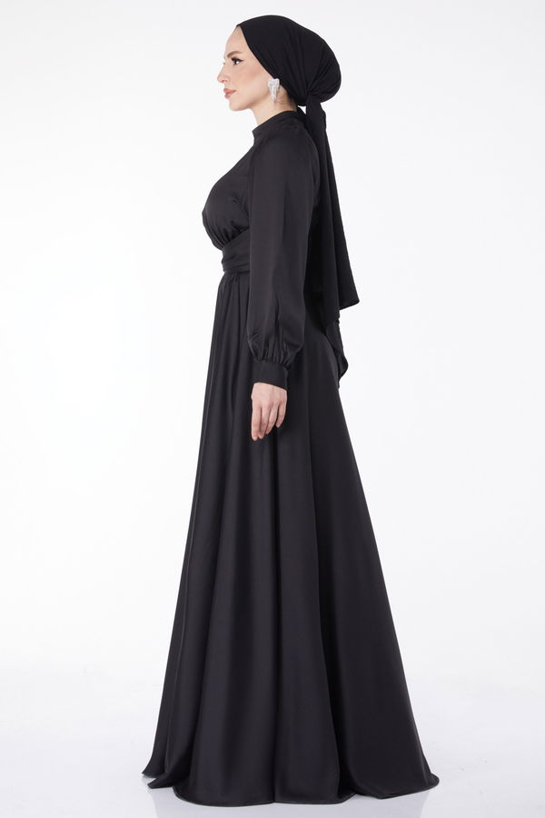 Çapraz Kuşaklı Abiye Elbise Siyah - 24886 SİYAH