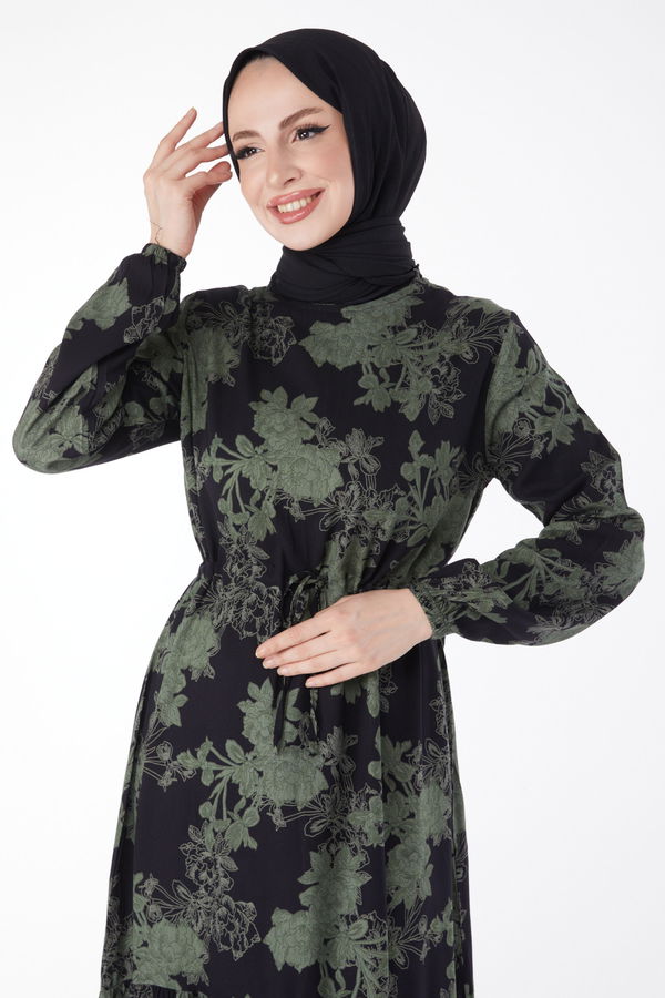 Bağcıklı Desenli Elbise Haki - 24896 HAKİ