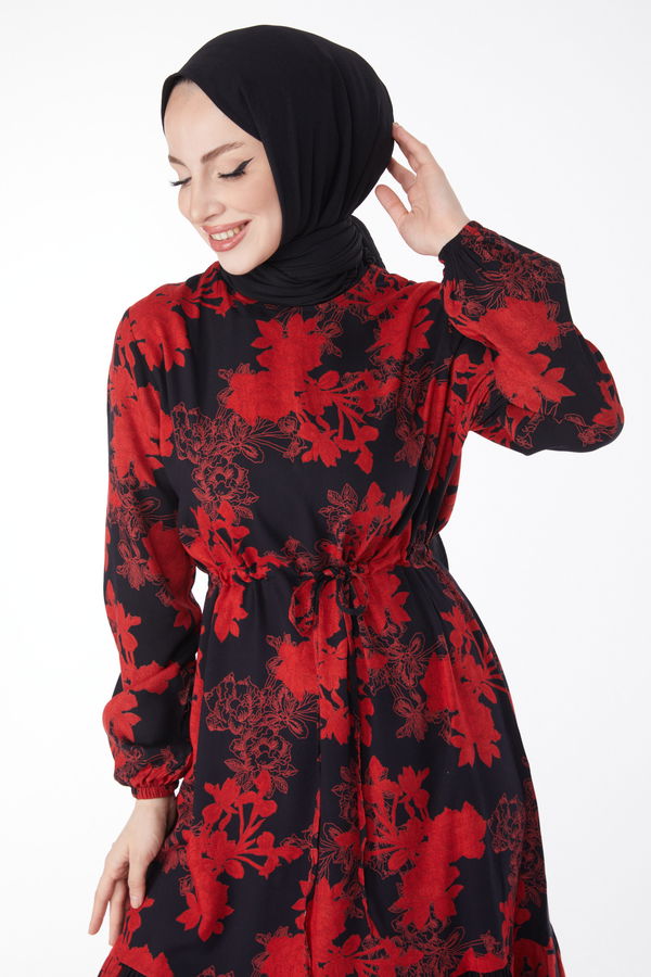 Bağcıklı Desenli Elbise Kırmızı - 24896