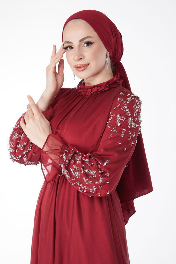 Kol Ve Omuz Taş Detaylı Abiye Elbise Bordo - 24901