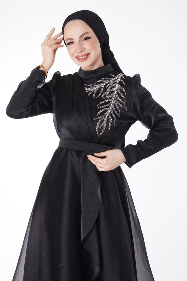 Işıltılı Taş Detaylı Abiye Elbise Siyah - 24902
