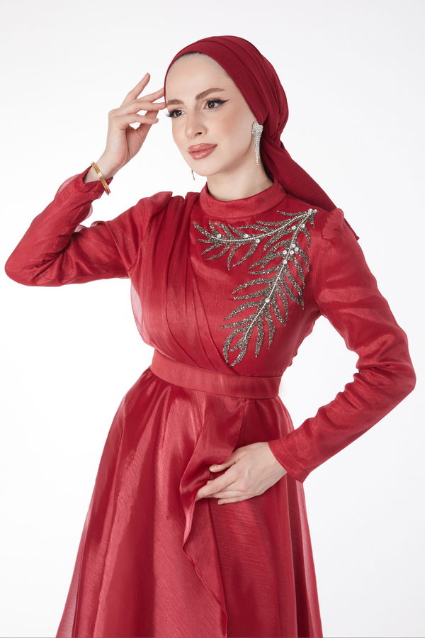 Işıltılı Taş Detaylı Abiye Elbise Bordo - 24902