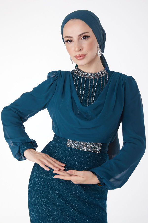 Taş Detaylı Abiye Elbise Yeşil - 25018 YEŞİL