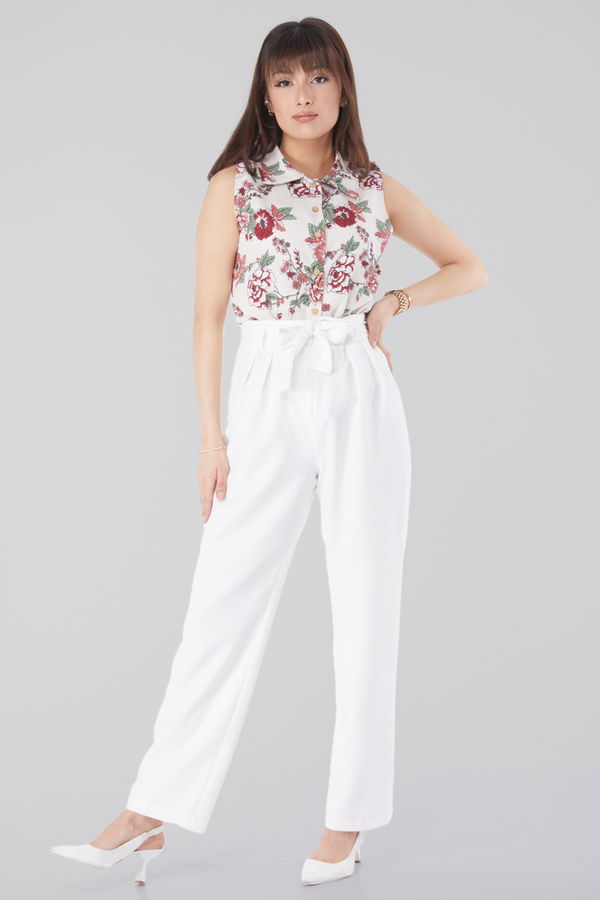 Klasik Kuşaklı Pantolon Beyaz - 25035 BEYAZ