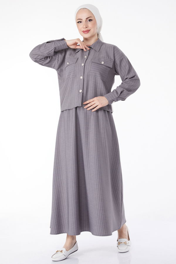 Çizgili Bolero+Etek Takım Gri - 25052