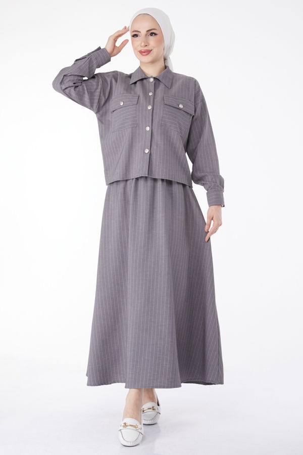 Çizgili Bolero+Etek Takım Gri - 25052
