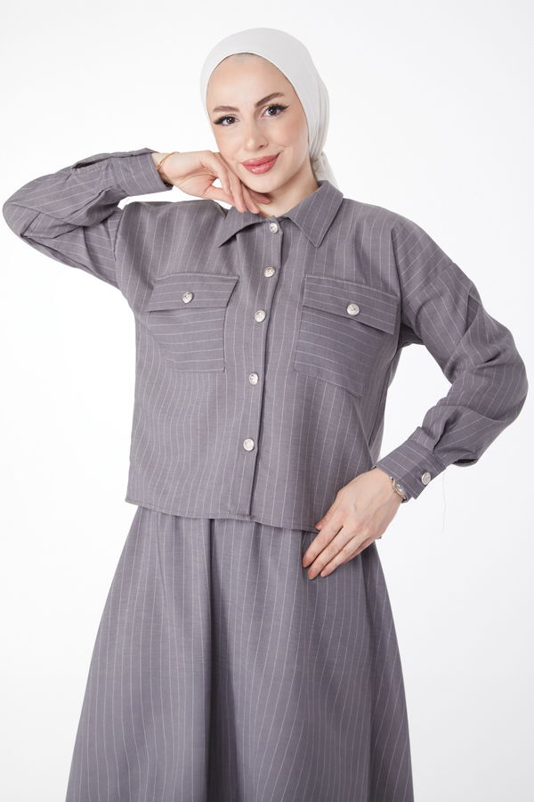 Çizgili Bolero+Etek Takım Gri - 25052