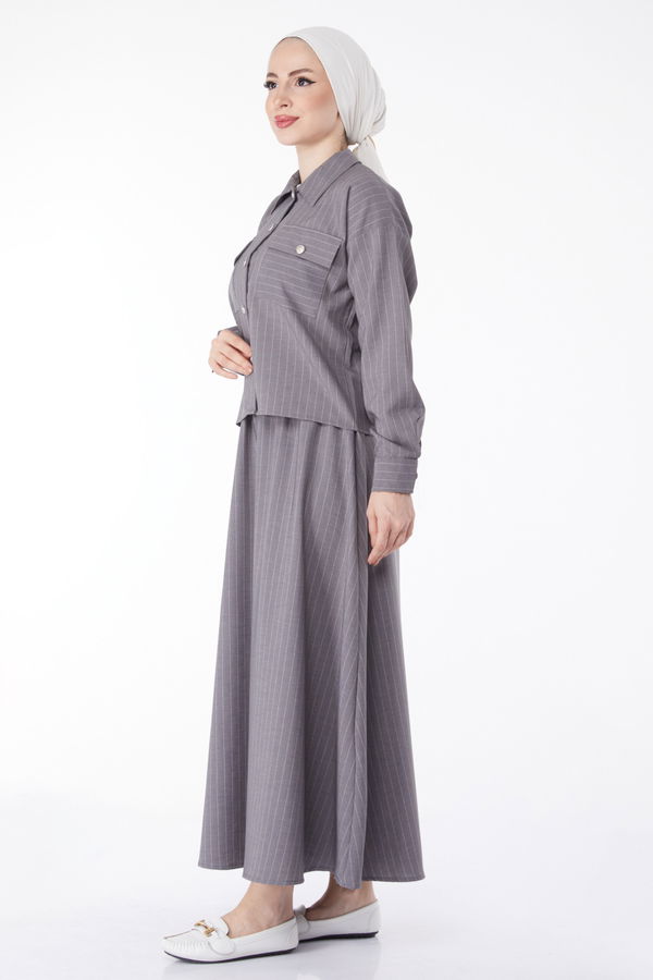 Çizgili Bolero+Etek Takım Gri - 25052