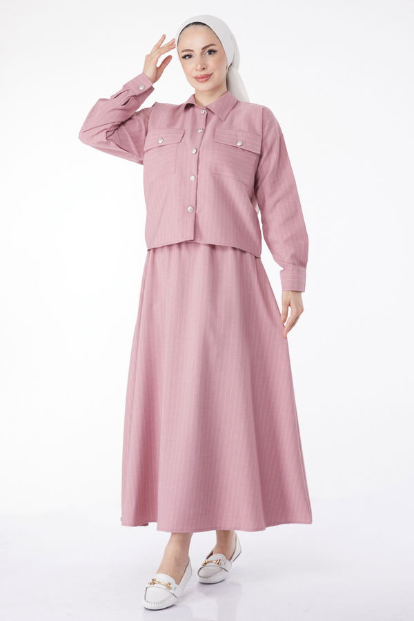 Çizgili Bolero+Etek Takım Pembe - 25052 PEMBE