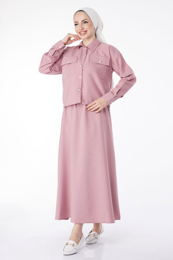 Çizgili Bolero+Etek Takım Pembe - 25052 PEMBE