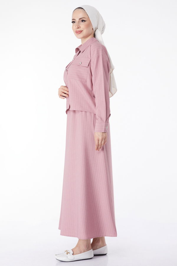 Çizgili Bolero+Etek Takım Pembe - 25052 PEMBE