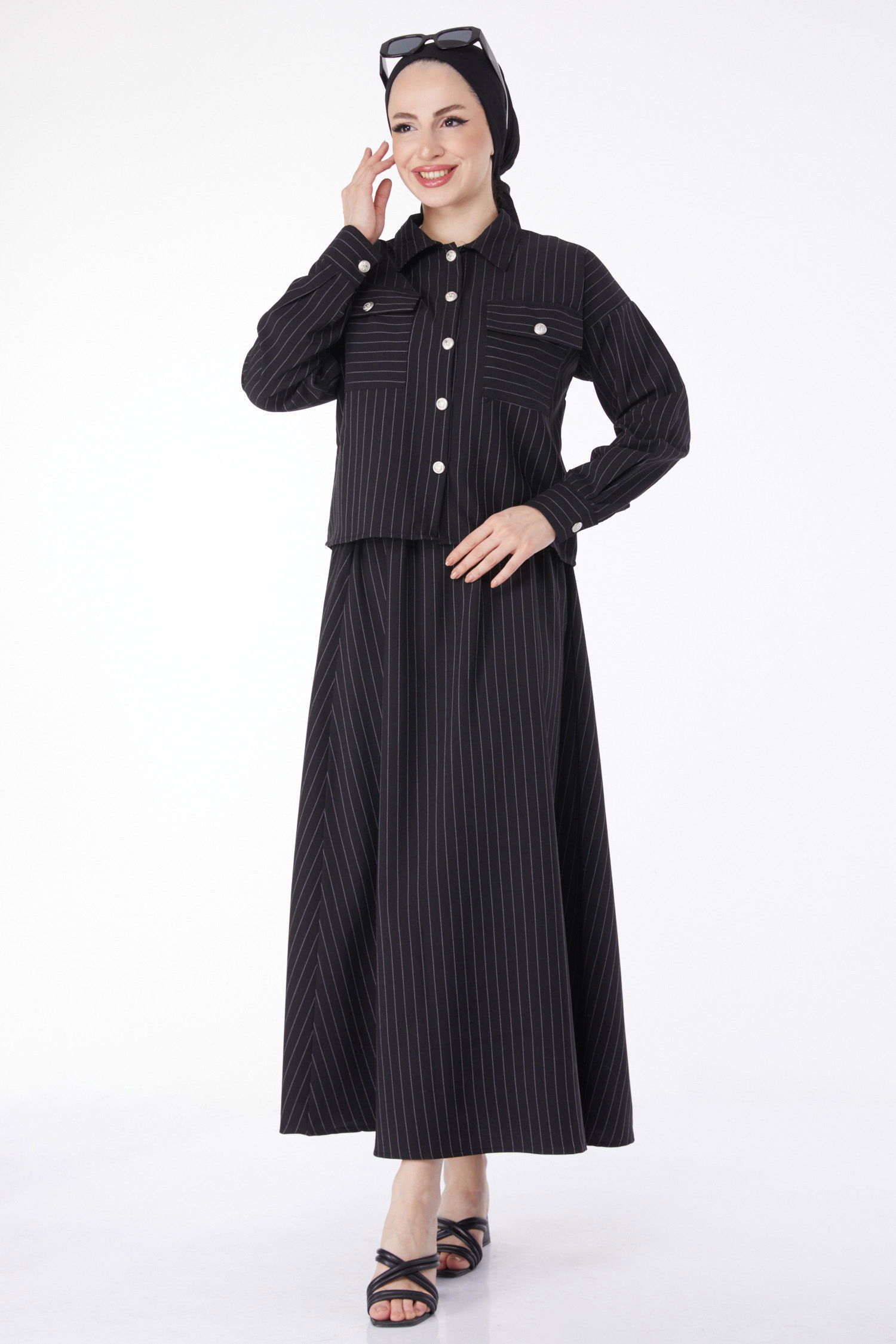 Çizgili Bolero+Etek Takım Siyah - 25052