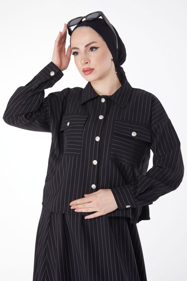Çizgili Bolero+Etek Takım Siyah - 25052