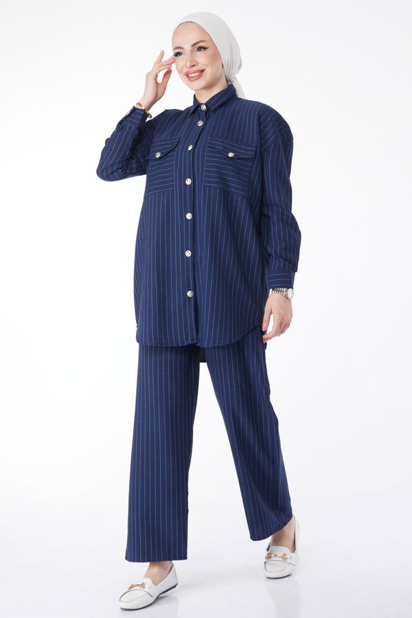 Çizgili Tunik + Pantolon Lacivert - 25053