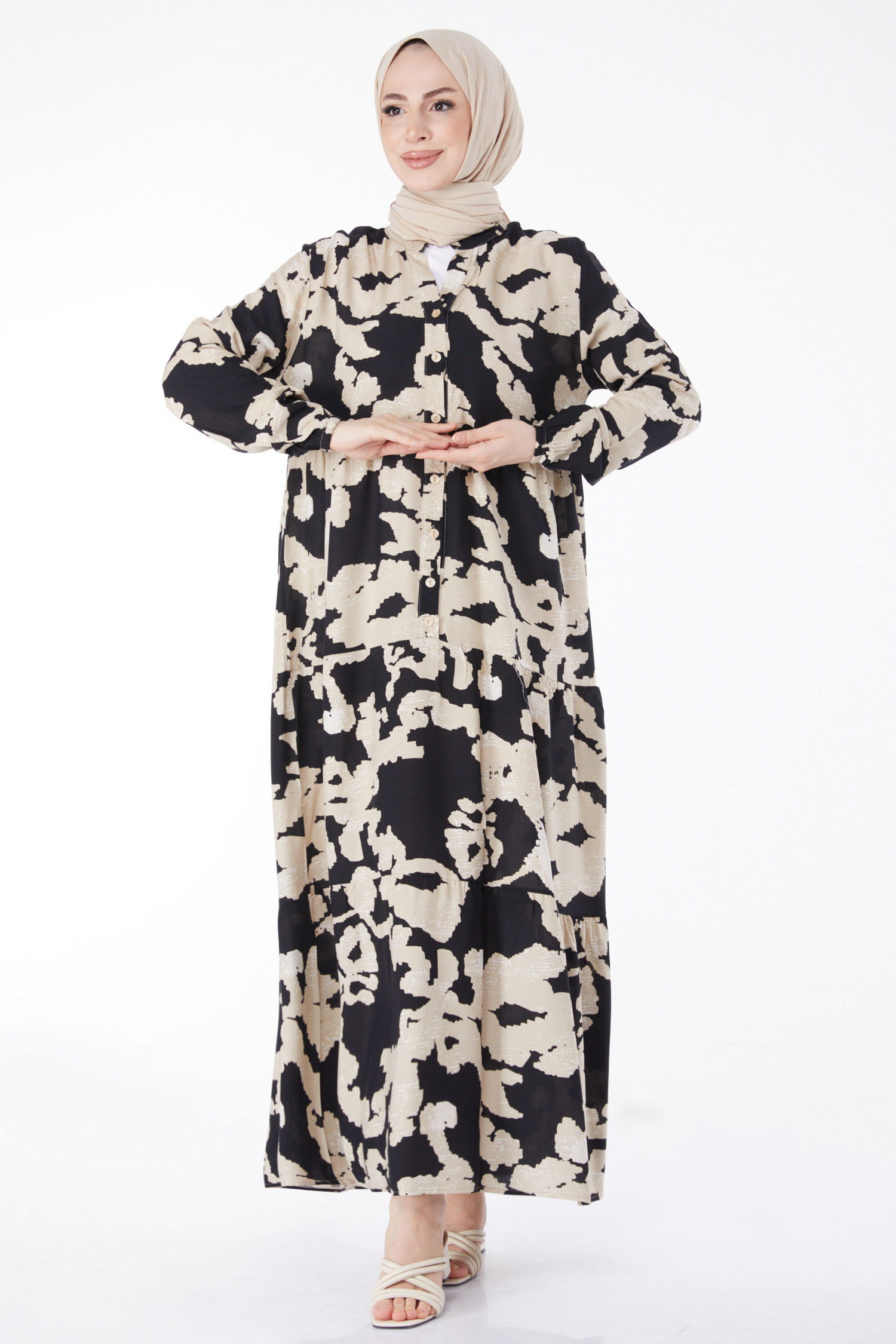 Desenli Elbise Siyah - 25099