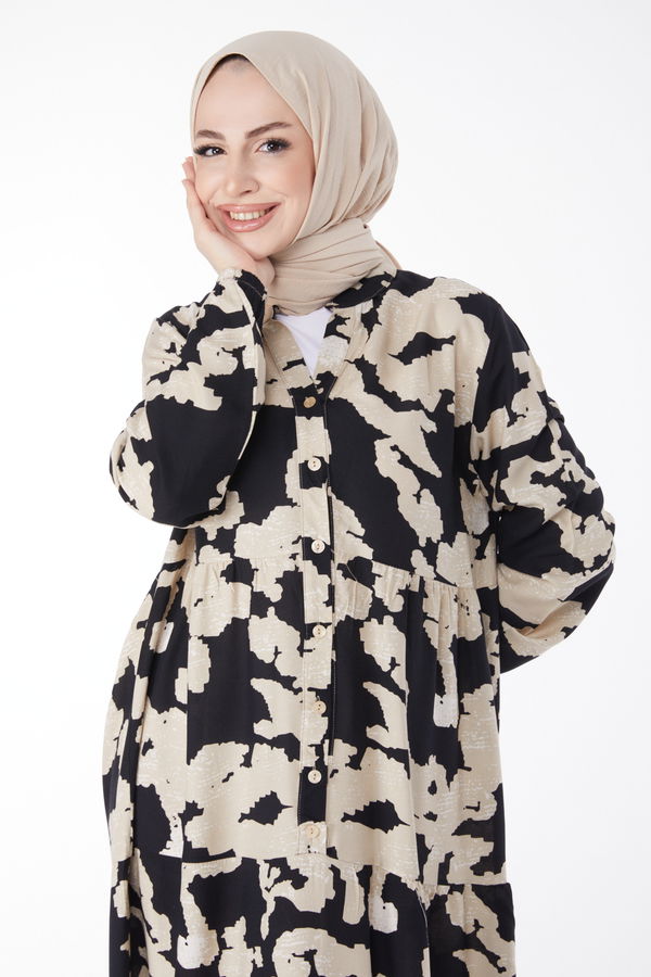 Desenli Elbise Siyah - 25099