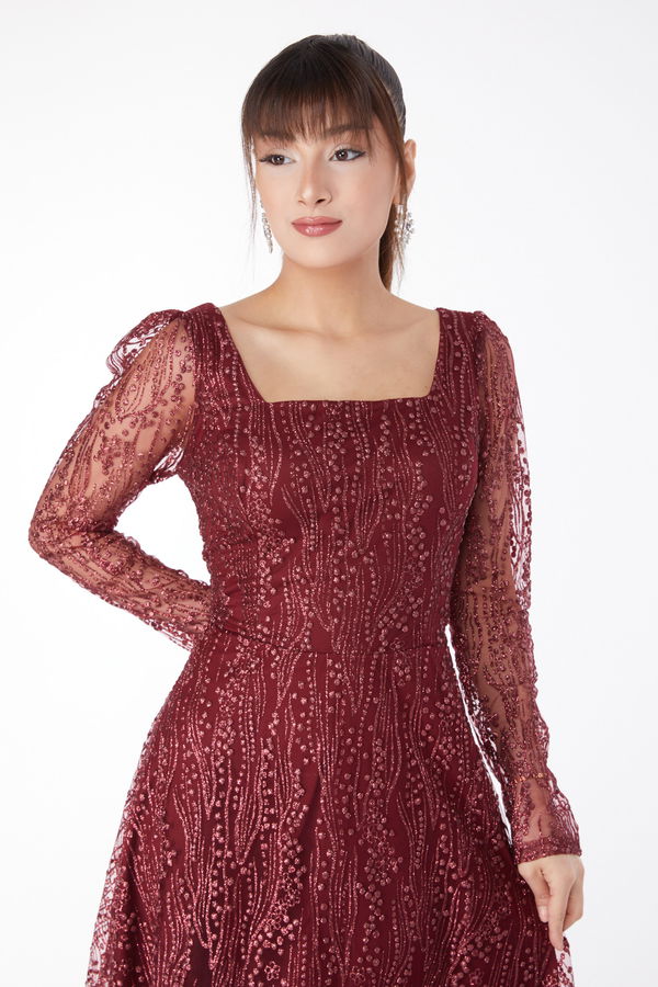 Uzun Kollu Midi Elbse Bordo - 25104