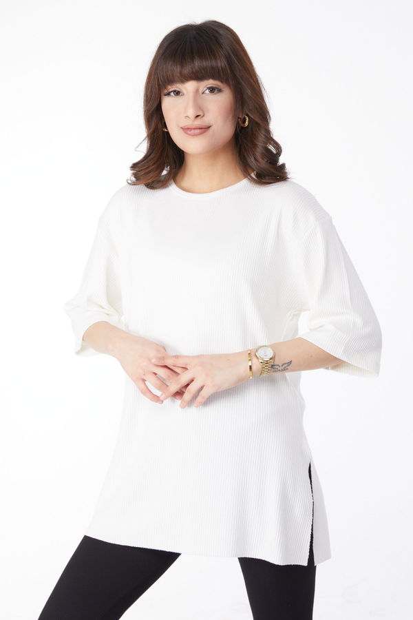 Yırtmaçlı T-Shirt Beyaz - 25114 BEYAZ