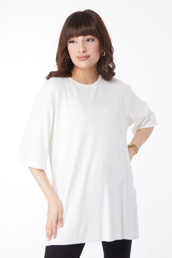 Yırtmaçlı T-Shirt Beyaz - 25114 BEYAZ