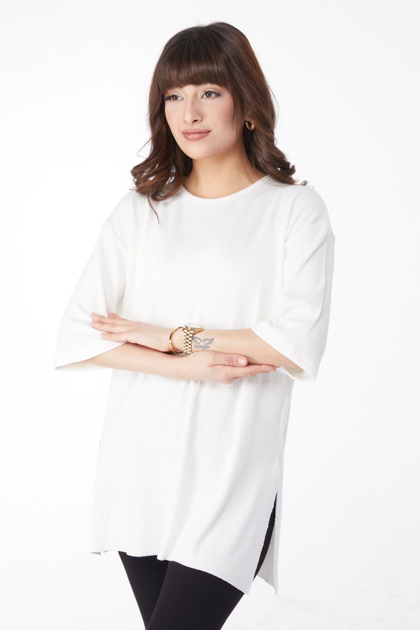 Yırtmaçlı T-Shirt Beyaz - 25114 BEYAZ