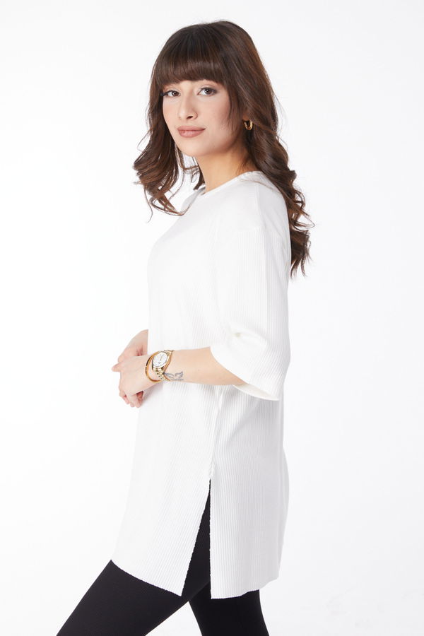 Yırtmaçlı T-Shirt Beyaz - 25114 BEYAZ