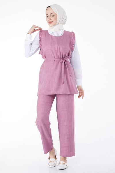 Taş Detaylı Üçlü Takım Pembe - 25126