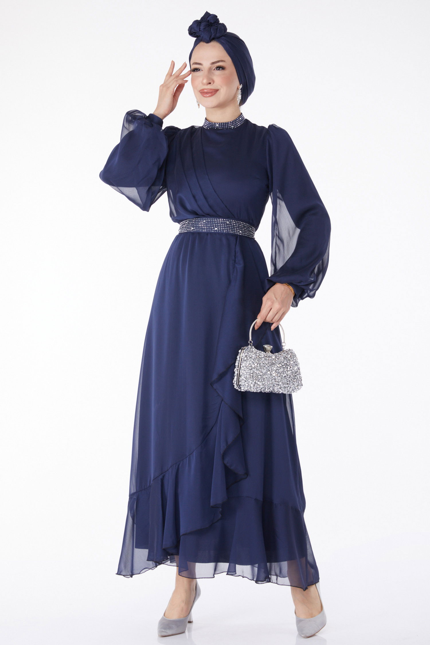 Taş Detaylı Abiye Elbise Lacivert - 25129