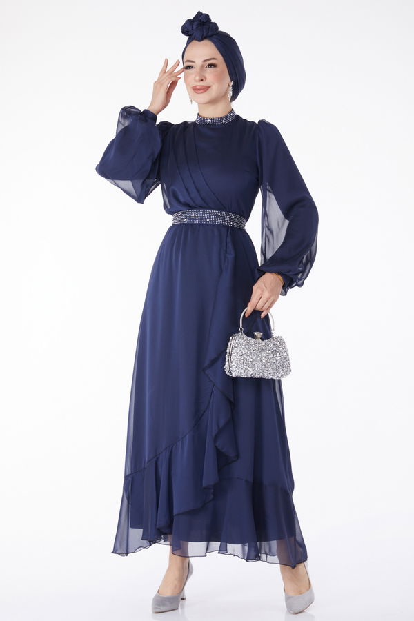 Taş Detaylı Abiye Elbise Lacivert - 25129