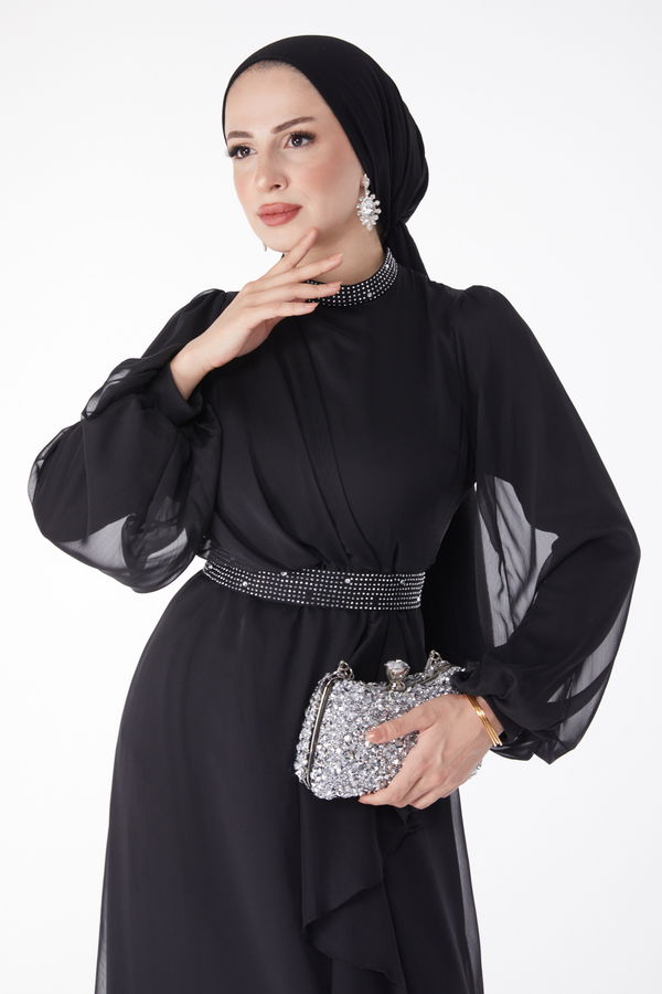 Taş Detaylı Abiye Elbise Siyah - 25129 SİYAH