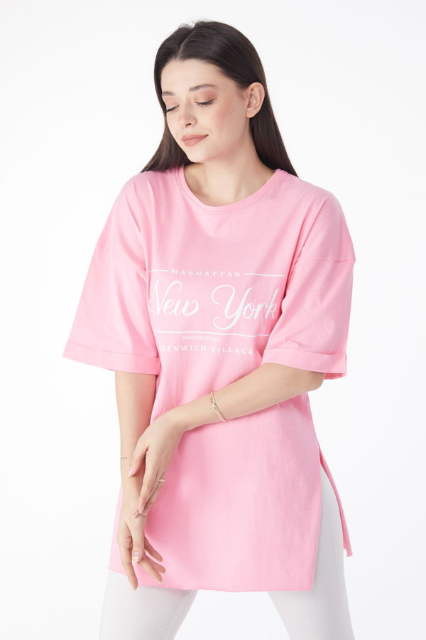 Kısa Kollu Baskılı T-shirt Pembe - 25136 PEMBE