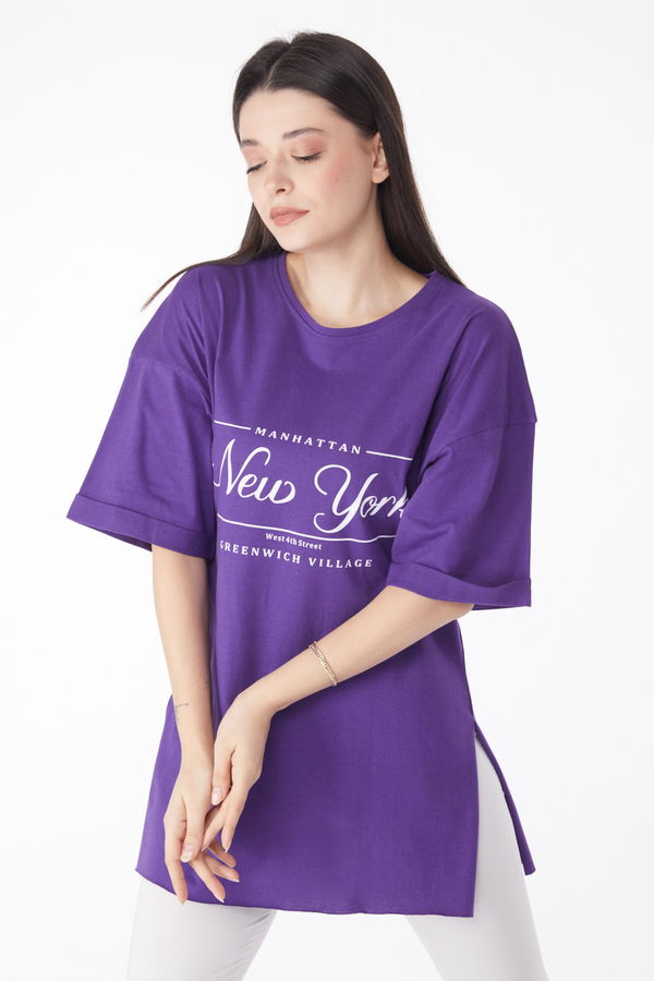 Kısa Kollu Baskılı T-shirt Mor - 25136 MOR