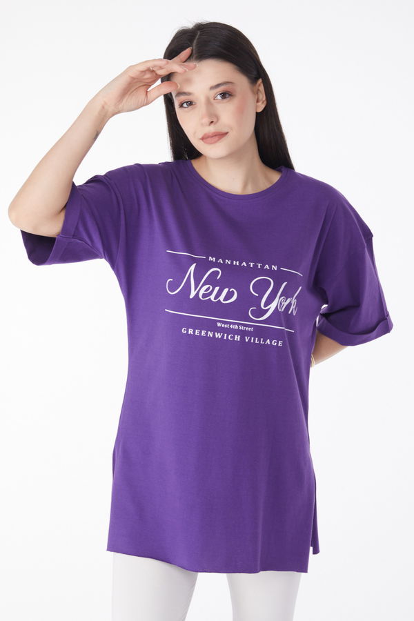 Kısa Kollu Baskılı T-shirt Mor - 25136 MOR
