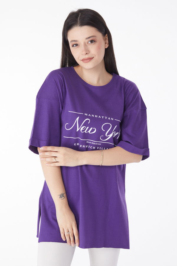 Kısa Kollu Baskılı T-shirt Mor - 25136 MOR