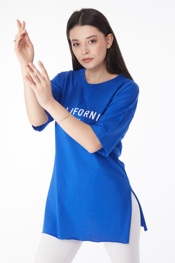 Kısa Kollu Baskılı T-shirt Mavi - 25137 MAVİ