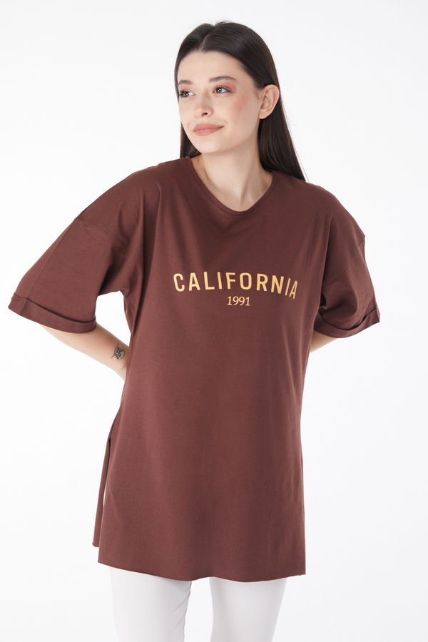 Kısa Kollu Baskılı T-shirt Kahverengi - 25137 KAHVERENGİ
