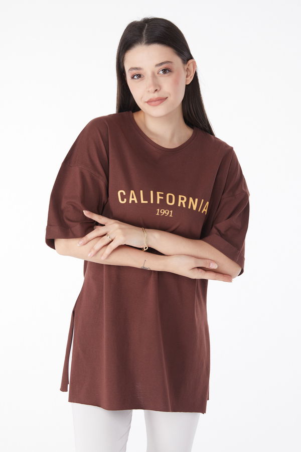 Kısa Kollu Baskılı T-shirt Kahverengi - 25137 KAHVERENGİ