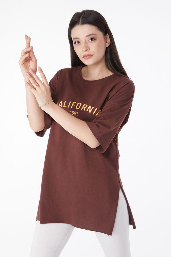 Kısa Kollu Baskılı T-shirt Kahverengi - 25137 KAHVERENGİ
