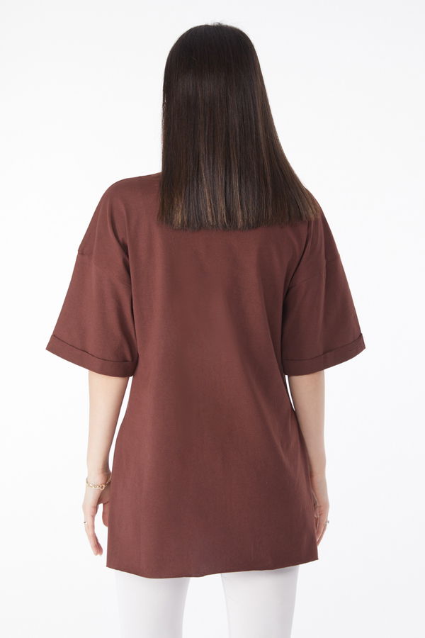 Kısa Kollu Baskılı T-shirt Kahverengi - 25137 KAHVERENGİ