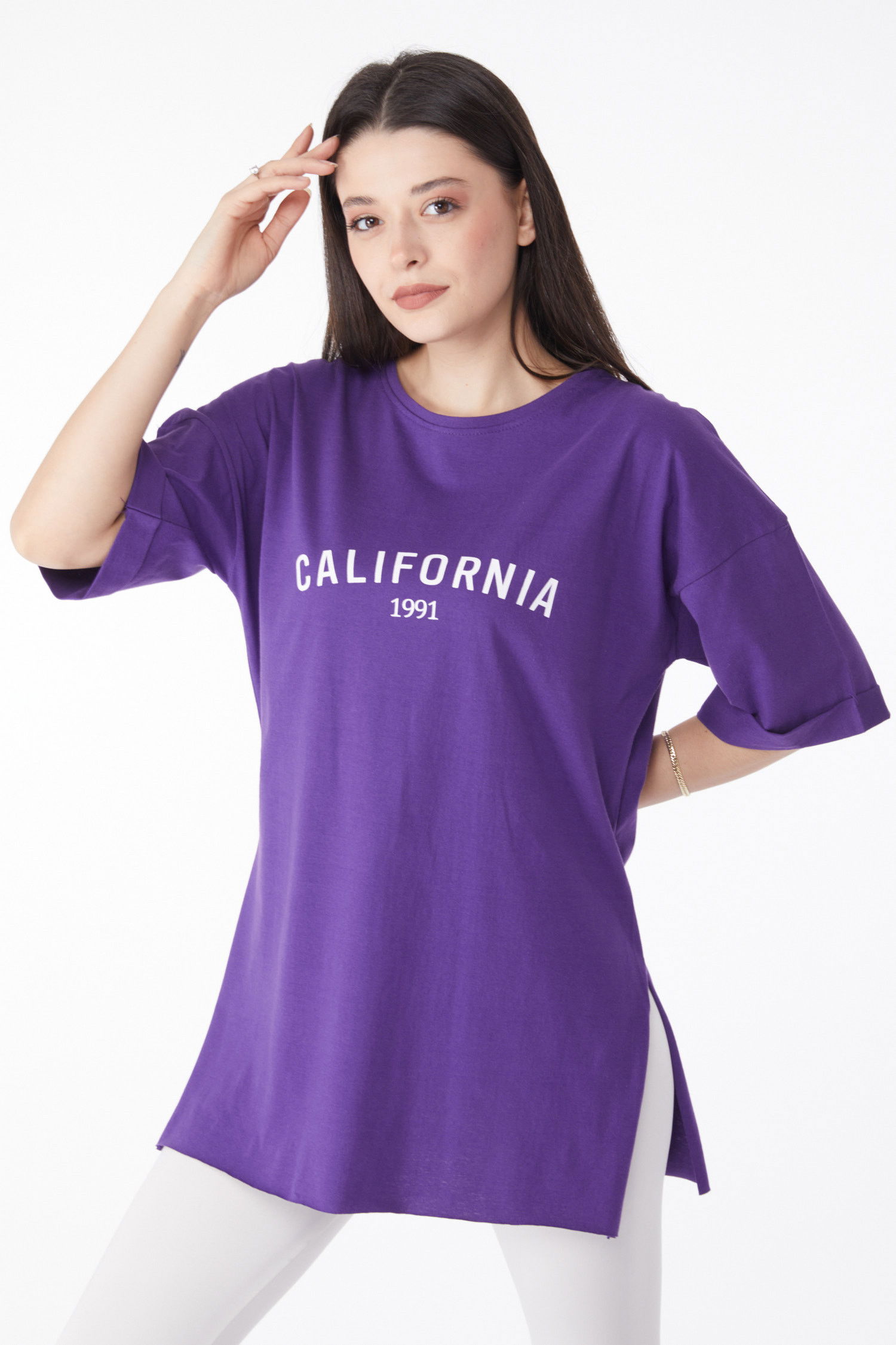 Kısa Kollu Baskılı T-shirt Mor - 25137