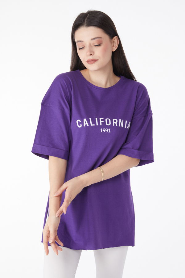 Kısa Kollu Baskılı T-shirt Mor - 25137